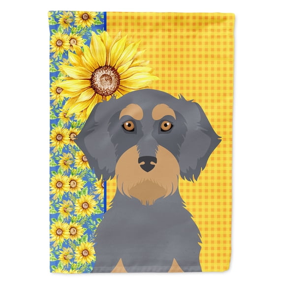 Summer Sunflowers Wirehair Blue and Tan Dachshund Flag Garden Size 11.25 in x 15.5 in