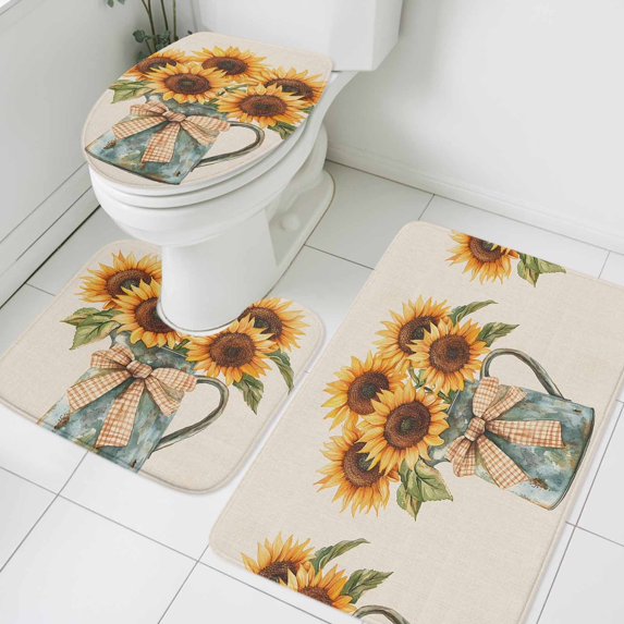 Summer Sunflowrs Bathroom Rugs Set Vintage Garden Floral Yellow Plants Non Slip Absorbent Soft Bath Mats 3 Piece Set with Bathroom Rug, U-Shaped Floor Mat, Toilet Seat Cover Large Size