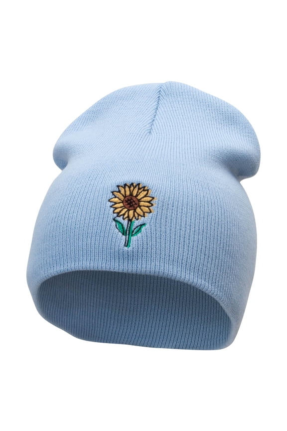 Summer Sunfower Embroidered 8 inch Acrylic Short Blank Beanie - Lt Blue OSFM