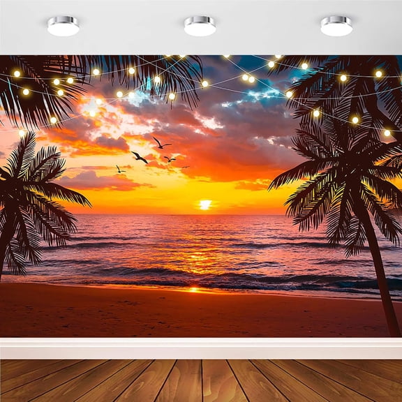Summer Sunset Backdrop Hawaii Beach Scenery Tropical Palm Trees Background Baby Shower Birthday Party Decorations Banner Photo Booth Props
