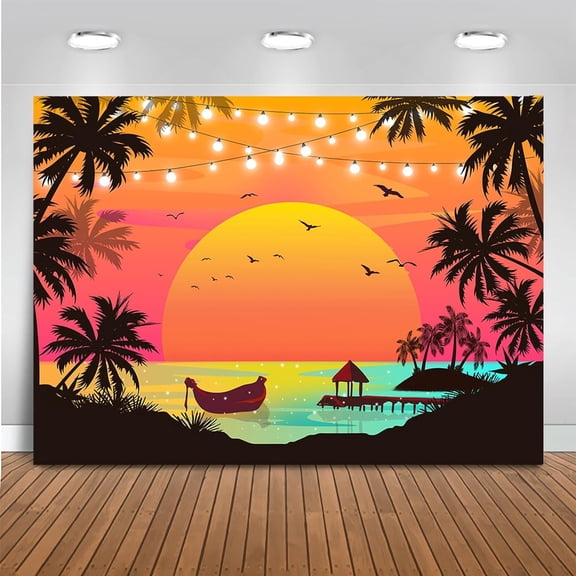Summer Sunset Backdrop Orange Sky Summer Beach Seaside Tropical Summer Hawaii Beach Aloha Luau Happy Birthday Background Party Decorations Banner Photo Booth Props