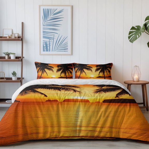 Summer Sunset Beach Coconut Tree Shadow California King Size Bed Set,Seaside Coastal Bedding for All Seasons,4 Pcs Bed Set with 1 Quiltcover (96"x104"),1 Sheet (110"x98"),2 Pillowcases (20"x36")