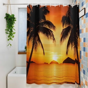 Summer Sunset Beach Coconut Tree Shadow Shower Curtain for Bathroom, Seaside Coastal Waterproof Shower Curtains Washable Quick Dry with Hooks Bathtub Curtains 36x72IN