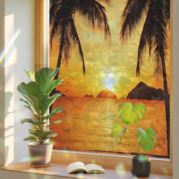 Summer Sunset Beach Coconut Tree Shadow Window Privacy Film, Rainbow Film Decorative Window Sticker 17.7x39.3in, Seaside Coastal Sun Blocking Static Stained Glass Cling Tint Non-Adhesive