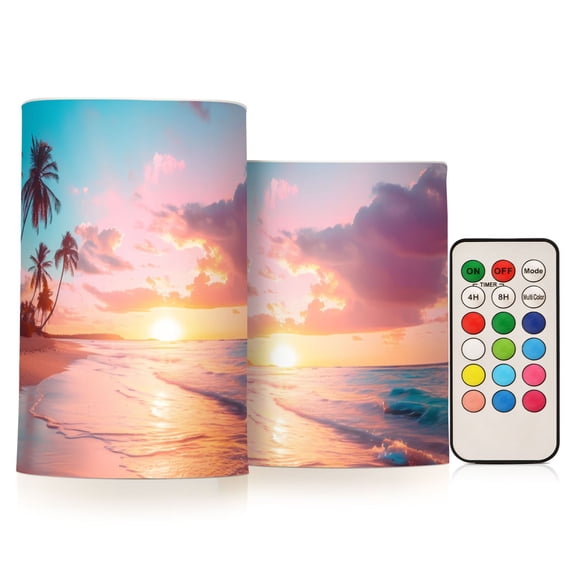 Summer Sunset Beach Flickering Flameless LED Candles set of 2 Battery Operated 18-Key Remotes Timer Halloween Fall Decor D3''xH4''5''