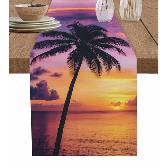 Summer Sunset Burlap Cotton Table Runner 14x72 Inches Long, Ocean Seaside Sky Cloud Scenery Palm Tree Farmhouse Table Runners, Outdoor Dining Tablecloths Decor for Baby Shower/Party/Wedding