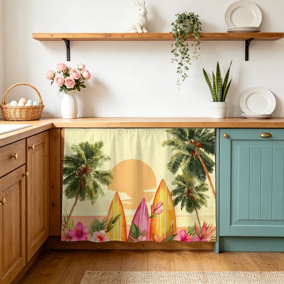 Summer Sunset Cabinet Curtains 10"Wx11"L, Coconut Trees Pink Flower Surfboard Tropical Plant Yellow Under-Desk Privacy Dust Proof Drape Dishwasher Curtain Sink Skirt for Kitchen Closet Bathroom