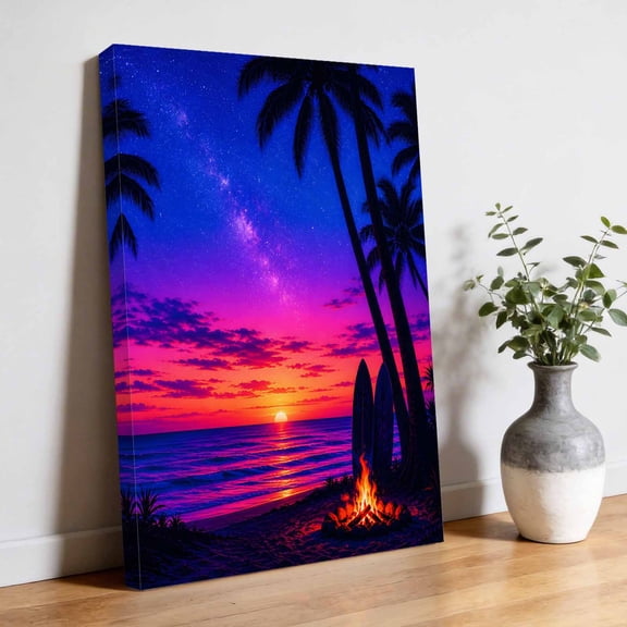 Summer Sunset Canvas Wall Art, Beach Coastal Tropical Palm Tree Blue Ocean Waves Pictures Wall Decor Wooden Framed Artwork Art Prints for Living Room Hallway Bedroom Office 8"x10"