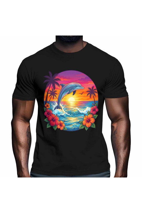 Summer Sunset Dolphin Men's T Shirts Coastal Ocean Palm Tree Flower Leaf T-Shirt for Men Crew Neck Tees Cotton Tops Black, 2XL