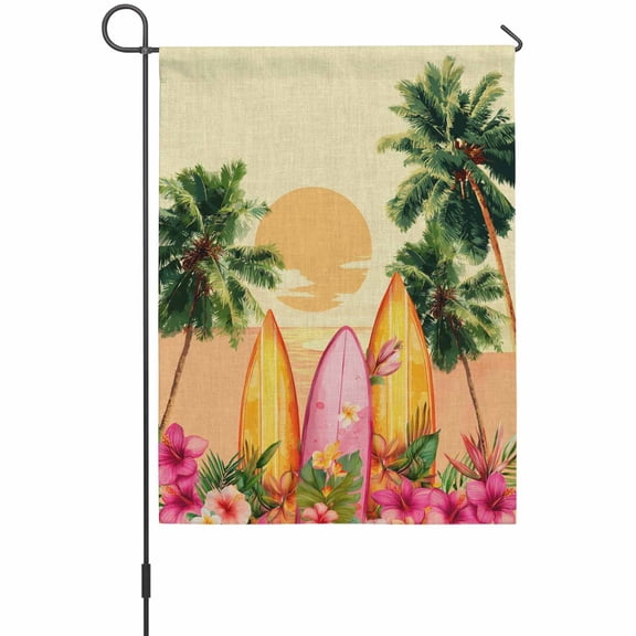 Summer Sunset Garden Flag 12 x 18 Inches, Coconut Trees Pink Flower Surfboard Tropical Plant Retro Weather Proof Outdoor Patio Flags Double Sided Small Garden Decoration for Yard Outside Home