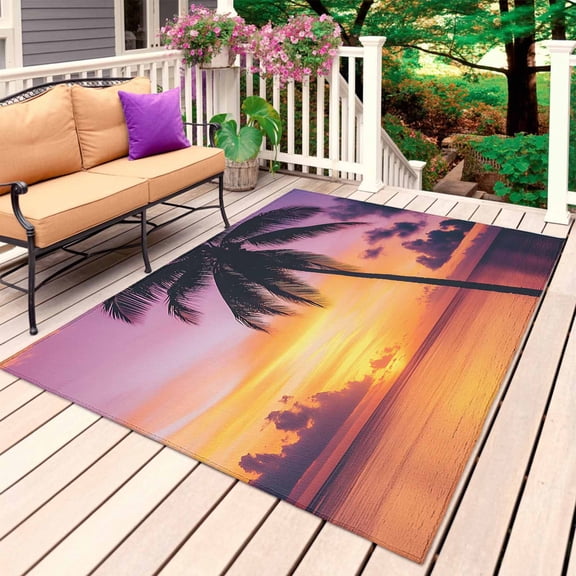 Summer Sunset Outdoor Rug 6x9 Ft, Non Slip Washable Area Rug, Ocean Seaside Sky Cloud Scenery Palm Tree Patio Rugs Carpet Runner, Large Floor Mat for Indoor/Outdoor Deck Porch Camping