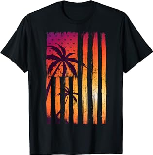 Summer Sunset Palm Trees American Flag Cool Spring Beach T-Shirt ...