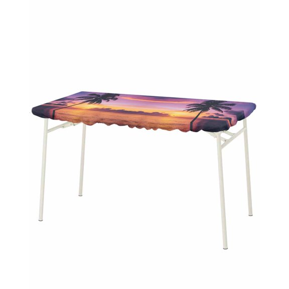 Summer Sunset Rectangle Tablecloth, Waterproof Elastic Fitted Table Covers for 8 Foot Tables, 32x96inch Decorative Tablecloths for Picnic, Camping, Outdoor, Ocean Seaside Sky Cloud Scenery Palm Tree