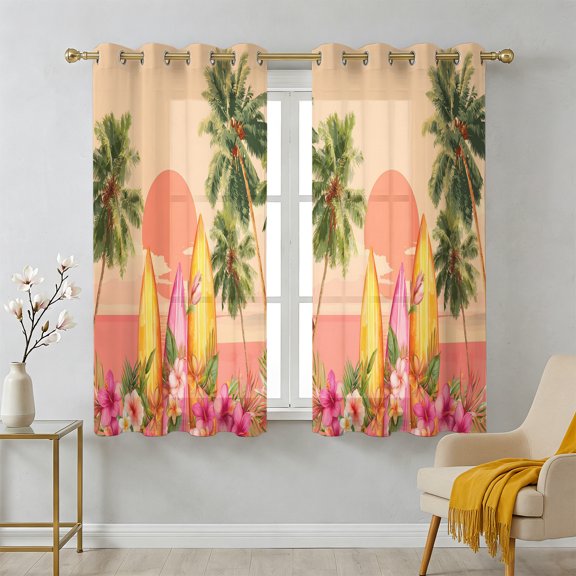 Summer Sunset Sheer Curtains 45 Inch Long 2 Panels, Coconut Trees Pink Flower Surfboard Tropical Plant Orange Light Filtering Semi Sheer Drapes Grommet Voile Curtain for Living Bedroom W42 x L45