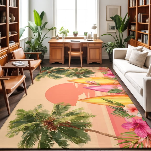 Summer Sunset Washable Area Rug 9 x 12 ft Coconut Trees Pink Flower Surfboard Tropical Plant Orange, Soft Non Slip Rugs Stain Repellent Indoor Felt Carpet for Living Dining Room Bedroom Home Office