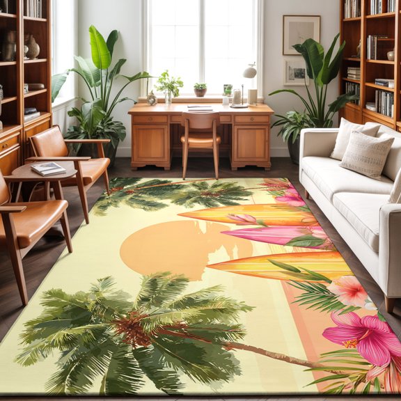 Summer Sunset Washable Area Rug 9 x 12 ft Coconut Trees Pink Flower Surfboard Tropical Plant Yellow, Soft Non Slip Rugs Stain Repellent Indoor Felt Carpet for Living Dining Room Bedroom Home Office