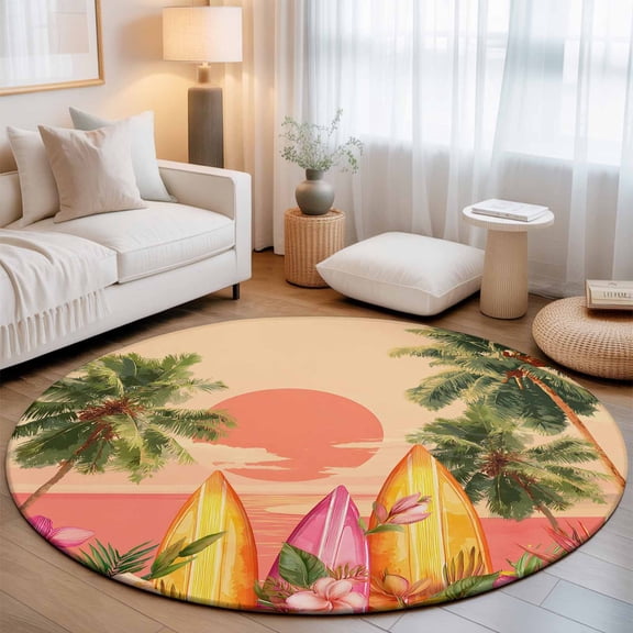 Summer Sunset Washable Round Area Rug 3 ft, Coconut Trees Pink Flower Surfboard Tropical Plant Orange, Soft Non Slip Rugs Stain Repellent Indoor Felt Carpet for Living Dining Room Bedroom Home