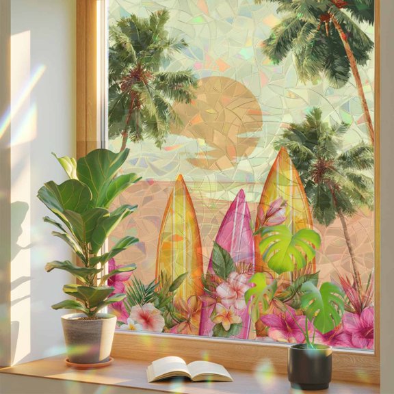 Summer Sunset Window Privacy Film, Coconut Trees Pink Flower Surfboard Tropical Plant Yellow Stained Glass Rainbow Film Decorative Window Clings, Static Cling Sun Blocking Stickers 17.7" x 39.3"