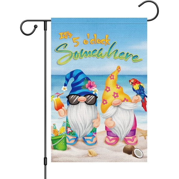 Summer Sunshine Gnome Garden Flags 12x18 Double Sided, Burlap Welcome Beach Garden Yard House Flag Banner Vertical for Outside Seasonal Outdoor Decoration (ONLY FLAG)