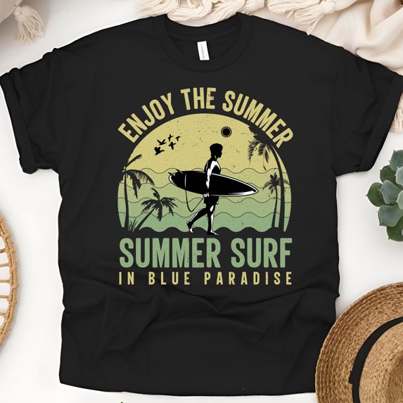 Summer Surf in Blue Paradise Men's Tropical Graphic Cotton T-Shirt, Black, Size S