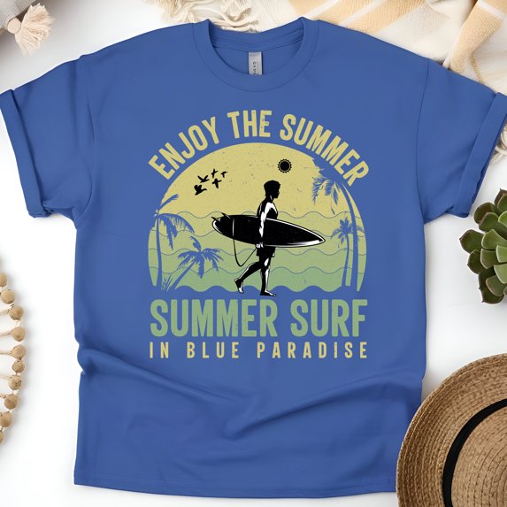 Summer Surf in Blue Paradise Men's Tropical Graphic Cotton T-Shirt, Royal, Size 3XL