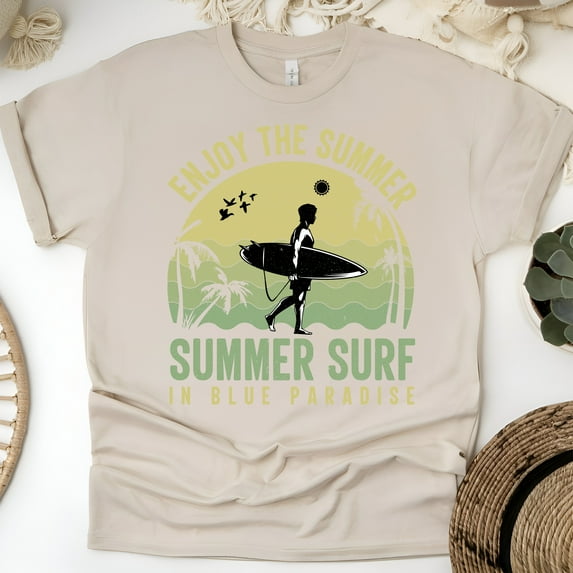 Summer Surf in Blue Paradise Men's Tropical Graphic Cotton T-Shirt, Sand, Size 3XL