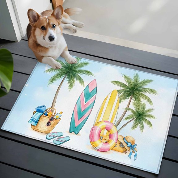 Summer Surfboard 2x3 Area Rugs for Living Room, Green Palm Tree Swimming Ring Hat Towel Gradient Blue Non Slip Floor Mat Washable Low-Profile Indoor Carpet for Bedroom, Dining Room, Bathroom