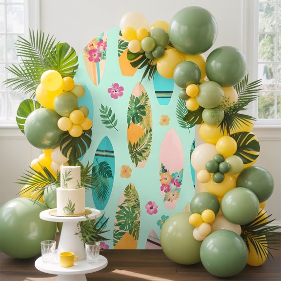 Summer Surfboard Arch Backdrop Cover, 4FT, Coastal Tropical Ocean Beach Surf Palm Leaf Spandex Arch Covers Double-Sided Backdrop for Wedding Birthday Party Photo Background Decoration