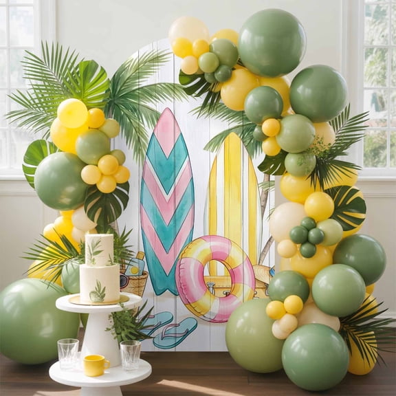 Summer Surfboard Arch Backdrop Cover, 4FT, Green Palm Tree Swimming Ring Hat Towel Wood Striped Spandex Arch Covers Double-Sided Backdrop for Wedding Birthday Party Photo Background Decoration