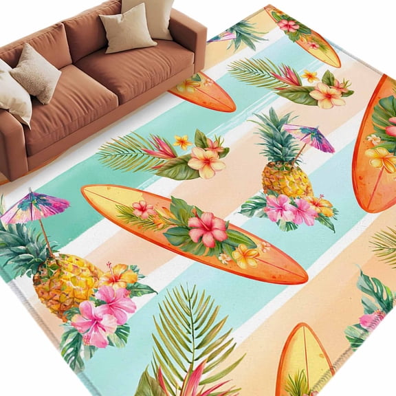 Summer Surfboard Area Rug 5x8 Washable Rug Non Slip Tropical Pineapple Palm Flower Colorful Stripes Large Area Rug Soft Stainresistant Carpet for Living Room Bedroom Home Office Dining Room Nursery
