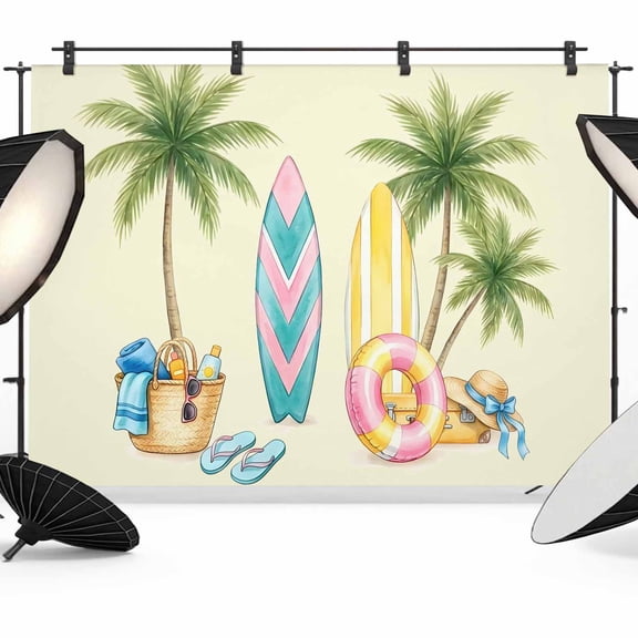 Summer Surfboard Backdrop for Photography, Green Palm Tree Swimming Ring Hat Towel Yellow Photo Backdrop Portrait Background Party Banner Photo Backgrounds for Studio Booth Props, 10x8ft