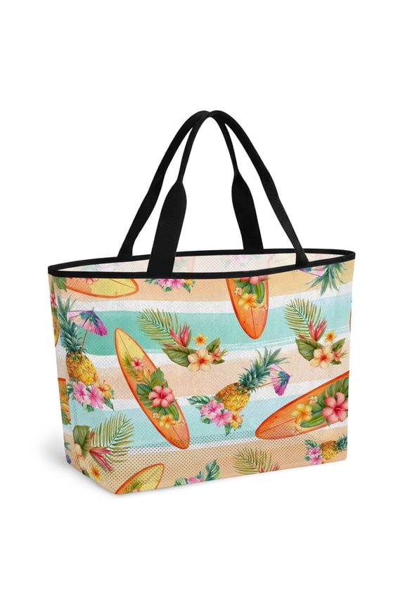 Summer Surfboard Beach Bag for Women, Large Breathable Mesh Beach Tote Bag, Tropical Pineapple Palm Flower Colorful Stripes Sandproof Lightweight Travel Bags for Vacation Picnic Swimming Pool