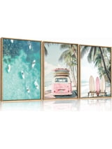 Summer Surfboard Beach Framed Canvas Wall Art Set,Modern Ocean Surfing Seascape Wall Decor,Coastal Bus Coconut Tree Wall Painting for Living Room, Bedroom-24" x36" x3