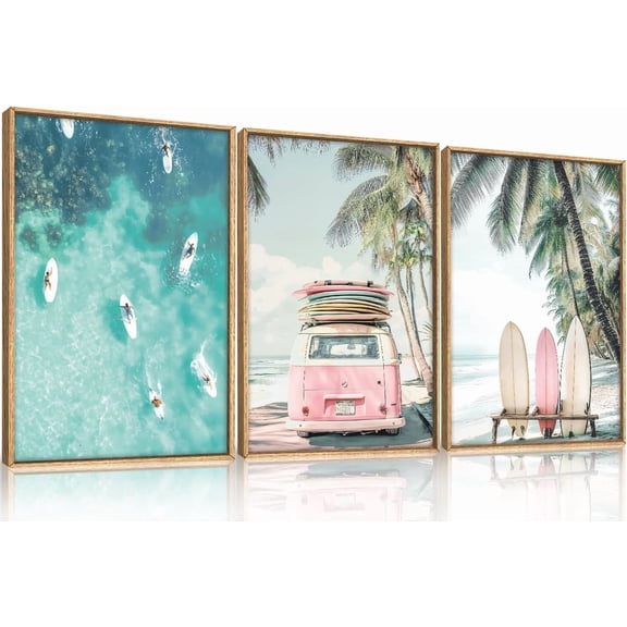 Summer Surfboard Beach Framed Canvas Wall Art Set,Modern Ocean Surfing Seascape Wall Decor,Coastal Bus Coconut Tree Wall Painting for Living Room, Bedroom-24" x36" x3