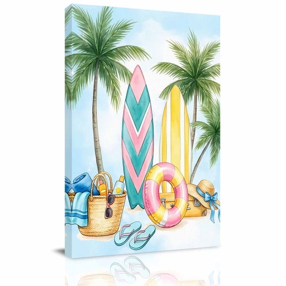 Summer Surfboard Canvas Wall Art for Living Room, Green Palm Tree Swimming Ring Hat Towel Gradient Blue Poster Print Painting for Bedroom Office Home Decoration Wall Pictures Prepare To Hang 16"x24"