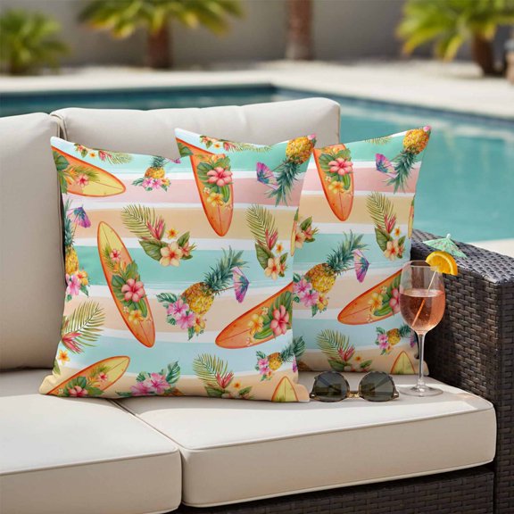 Summer Surfboard Outdoor Pillow Covers 16x16 Inch Throw Pillow Covers Set of 2 Waterproof Decorative Pillow Cases Tropical Pineapple Palm Flower Colorful Stripes Cushion Covers for Patio Furniture