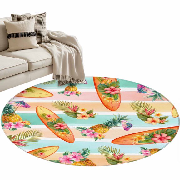 Summer Surfboard Round Rug 3ft Washable Circle Entryway Rugs Non Slip Tropical Pineapple Palm Flower Colorful Stripes Area Rug Carpet for Bedroom Kitchen Living Room Home Office Dining Room Nursery
