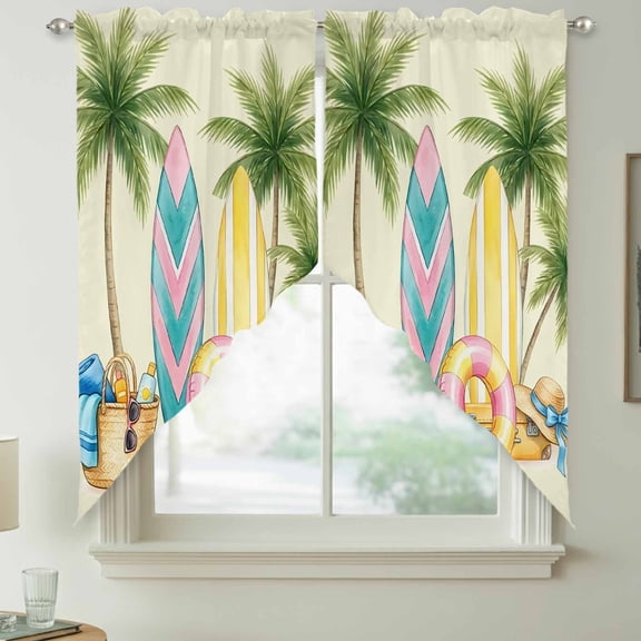 Summer Surfboard Swag Kitchen Curtain Valances, Green Palm Tree Swimming Ring Hat Towel Yellow Rod Pocket Curtains Window Treatment Decor Valances for Bedroom Bathroom, 2 Panels 36 x 63 Inch