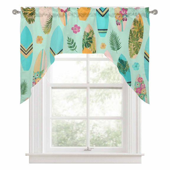 Summer Surfboard Swag Valance for Windows, Coastal Tropical Ocean Beach Surf Palm Leaf Swag Curtains Valances for Small Window Treatment Rod Pocket for Kitchen Bathroom 1 Panel 56x36in