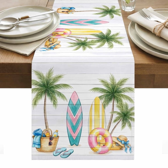 Summer Surfboard Table Runner Tropical Palm Tree Swimming Ring Slippers Tablerunners 13 x 36 Inch, Table Decorations Tabletop Scarf for Summer Gathering Holiday Farmhouse Kitchen Dining Decor