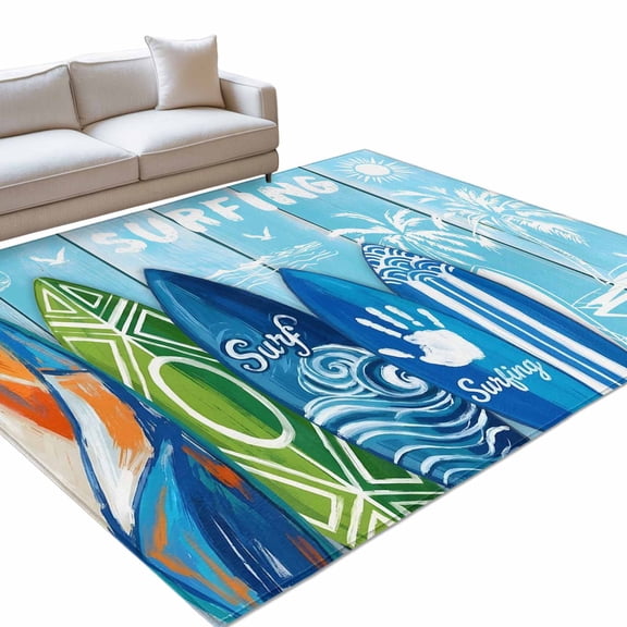 Summer Surfing 8x10ft Non Slip Area Rug Surfboard Beach Palm Trees Blue Wood Grain Washable Soft Area Rugs for Living Room, Indoor Circle Carpet for Bedroom Dining Room Kitchen