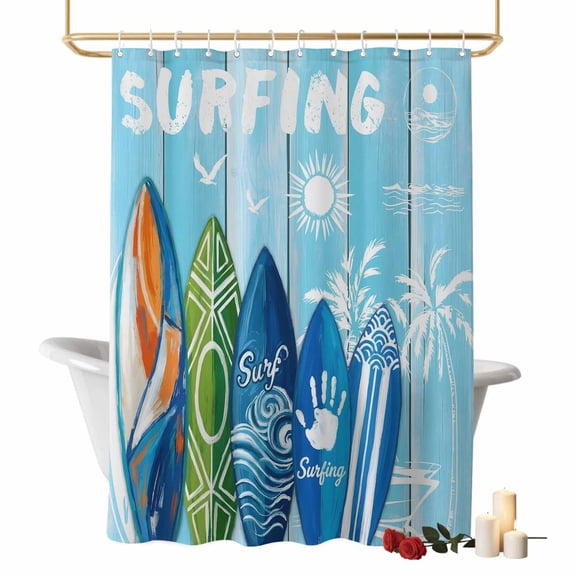 Summer Surfing Bathroom Shower Curtain, Surfboard Beach Palm Trees Blue Wood Grain Waterproof Washable Soft Bath Curtain for Bathtub Decor with 12 Hooks&Grommet, 48x72 Inch