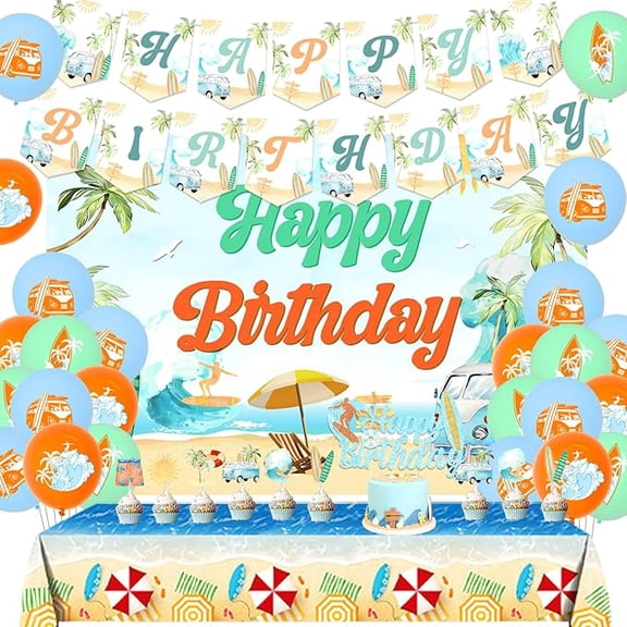 Summer Surfing Birthday Party Decors Vintage Surfing Happy Birthday Banner Retro Surfing Cake Cupcake Toppers Surfing Happy Birthday Backdrop Summer Hawaiian Beach Tablecloth for Hawaii Party