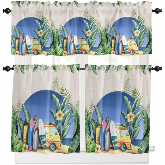 Summer Surfing Camper Kitchen Curtains and Valances Set, Rod Pocket Curtains Tier Farmhouse Window Curtains 36 Inch Length, Tropical Beach Botanical Rustic 3 Piece Kitchen Curtains Set