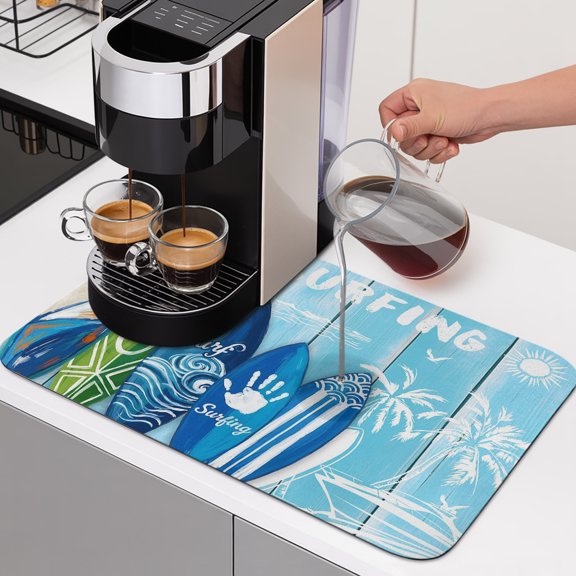 Summer Surfing Dish Drying Mats for Kitchen Counter, Surfboard Beach Palm Trees Blue Wood Grain Absorbent Coffee Bar Mat with Non-slip Rubber Backed Quick Drying Dish Rack Pad 12"x16"