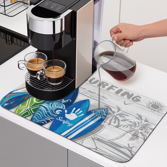Summer Surfing Dish Drying Mats for Kitchen Counter, Surfboard Beach Palm Trees Wood Grain Absorbent Coffee Bar Mat with Non-slip Rubber Backed Quick Drying Dish Rack Pad 12"x16"