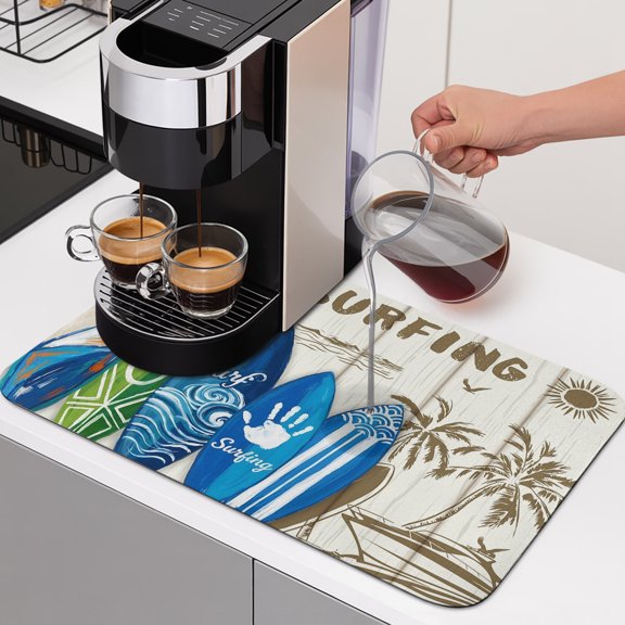 Summer Surfing Dish Drying Mats for Kitchen Counter, Surfboard Beach Palm Trees Wood Grain Retro Absorbent Coffee Bar Mat with Non-slip Rubber Backed Quick Drying Dish Rack Pad 12"x16"