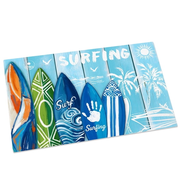 Summer Surfing Door Mat 16x24 Inch Surfboard Beach Palm Trees Blue Wood Grain Entryway Rug with Non-Slip Rubber, Front Door Mat Indoor Floor Mats for Living Room Bathroom Bedroom Home Office