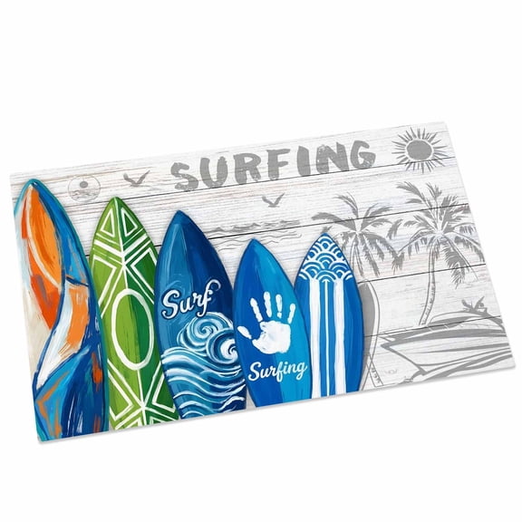 Summer Surfing Door Mat 16x24 Inch Surfboard Beach Palm Trees Wood Grain Entryway Rug with Non-Slip Rubber, Front Door Mat Indoor Floor Mats for Living Room Bathroom Bedroom Home Office