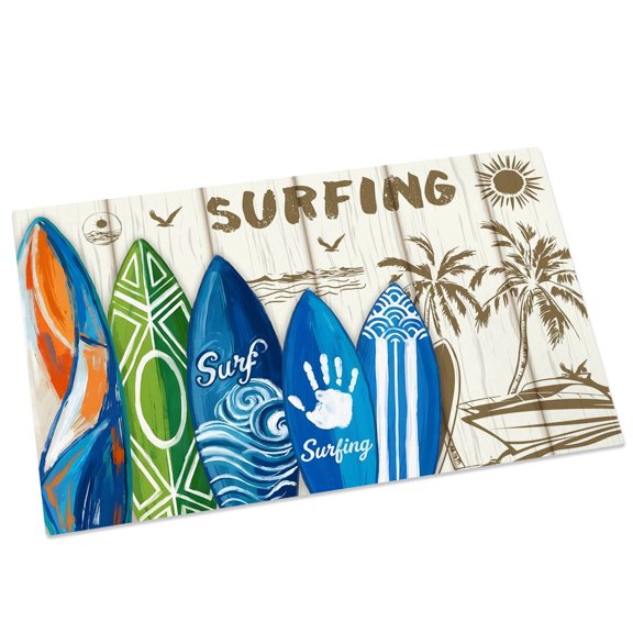 Summer Surfing Door Mat 20x31.5 Inch Surfboard Beach Palm Trees Wood Grain Retro Entryway Rug with Non-Slip Rubber, Front Door Mat Indoor Floor Mats for Living Room Bathroom Bedroom Home Office